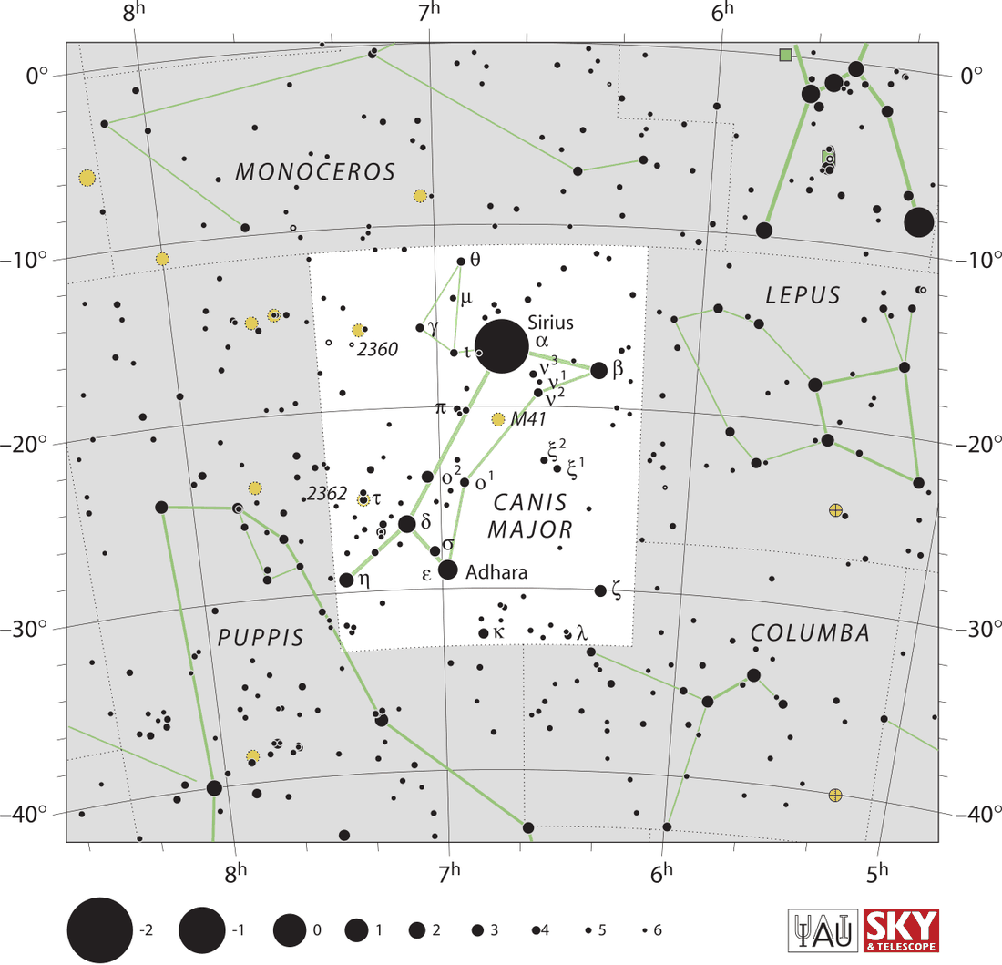 Carta celeste da constelação Canis Major com estrelas, linhas de ligação e limites oficiais da IAU.
