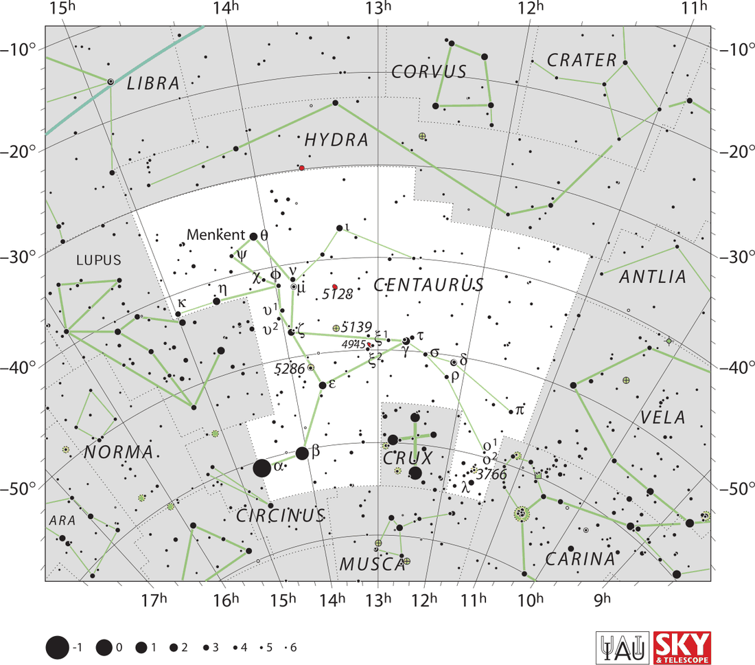 Carta celeste da constelação Centaurus com estrelas, linhas de ligação e limites oficiais da IAU.
