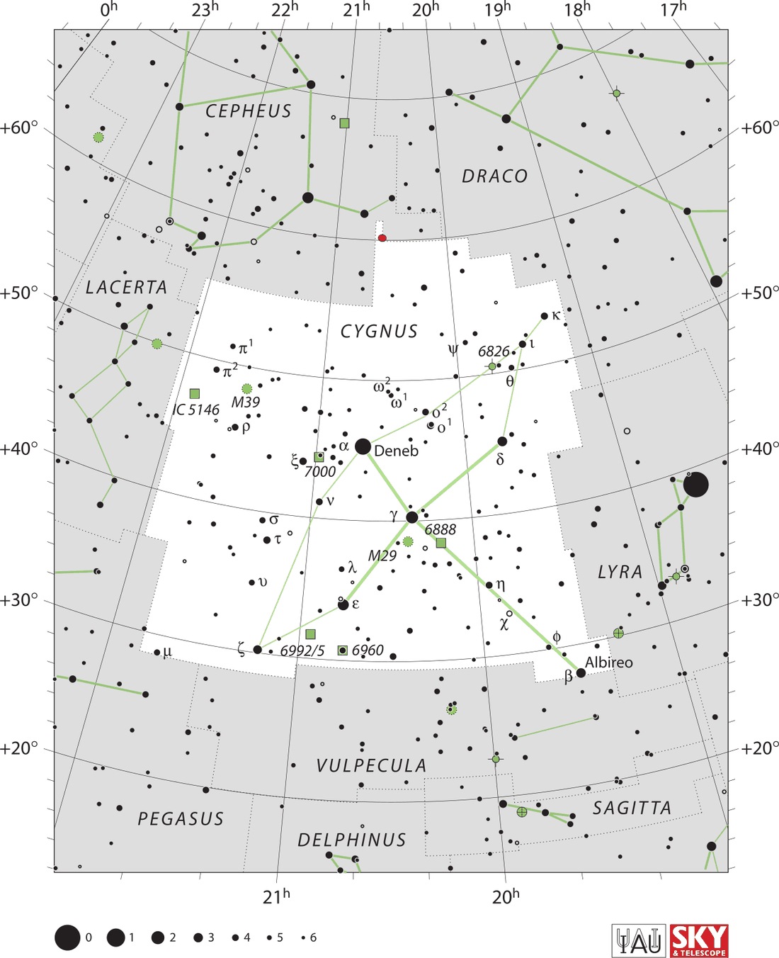 Carta celeste da constelação Cygnus com estrelas, linhas de ligação e limites oficiais da IAU.