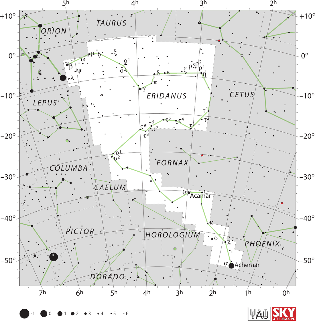 Carta celeste da constelação Eridanus com estrelas, linhas de ligação e limites oficiais da IAU.