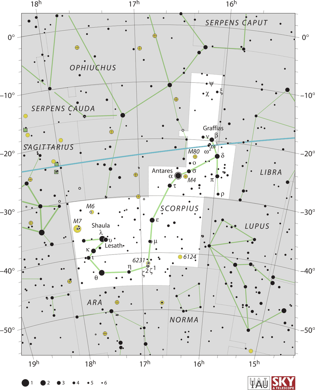 Carta celeste da constelação Scorpius com estrelas, linhas de ligação e limites oficiais da IAU.