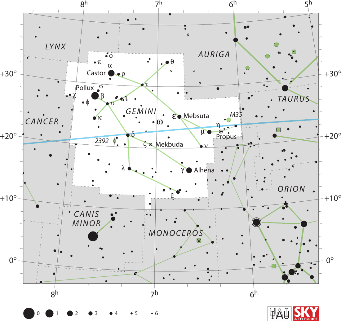 Carta celeste da constelação Gemini com estrelas, linhas de ligação e limites oficiais da IAU.