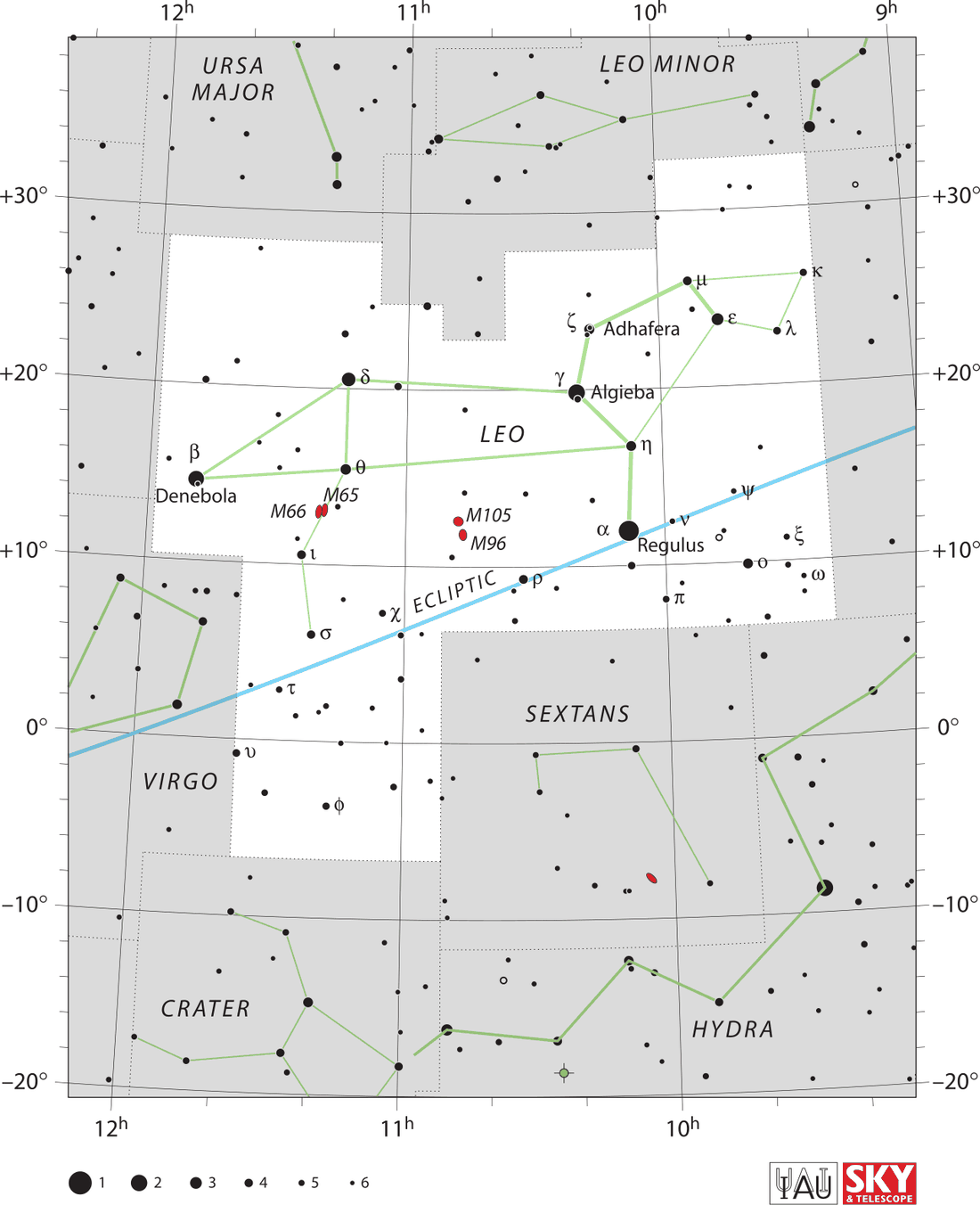 Carta celeste da constelação Leo com estrelas, linhas de ligação e limites oficiais da IAU.