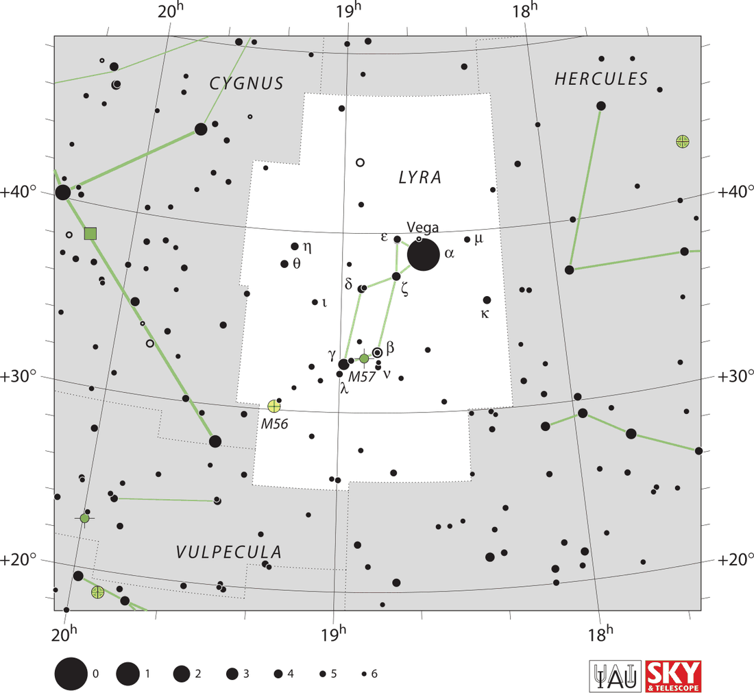 Carta celeste da constelação Lyra com estrelas, linhas de ligação e limites oficiais da IAU.