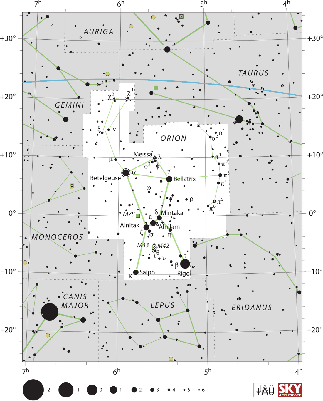 Carta celeste da constelação Orion com estrelas, linhas de ligação e limites oficiais da IAU.