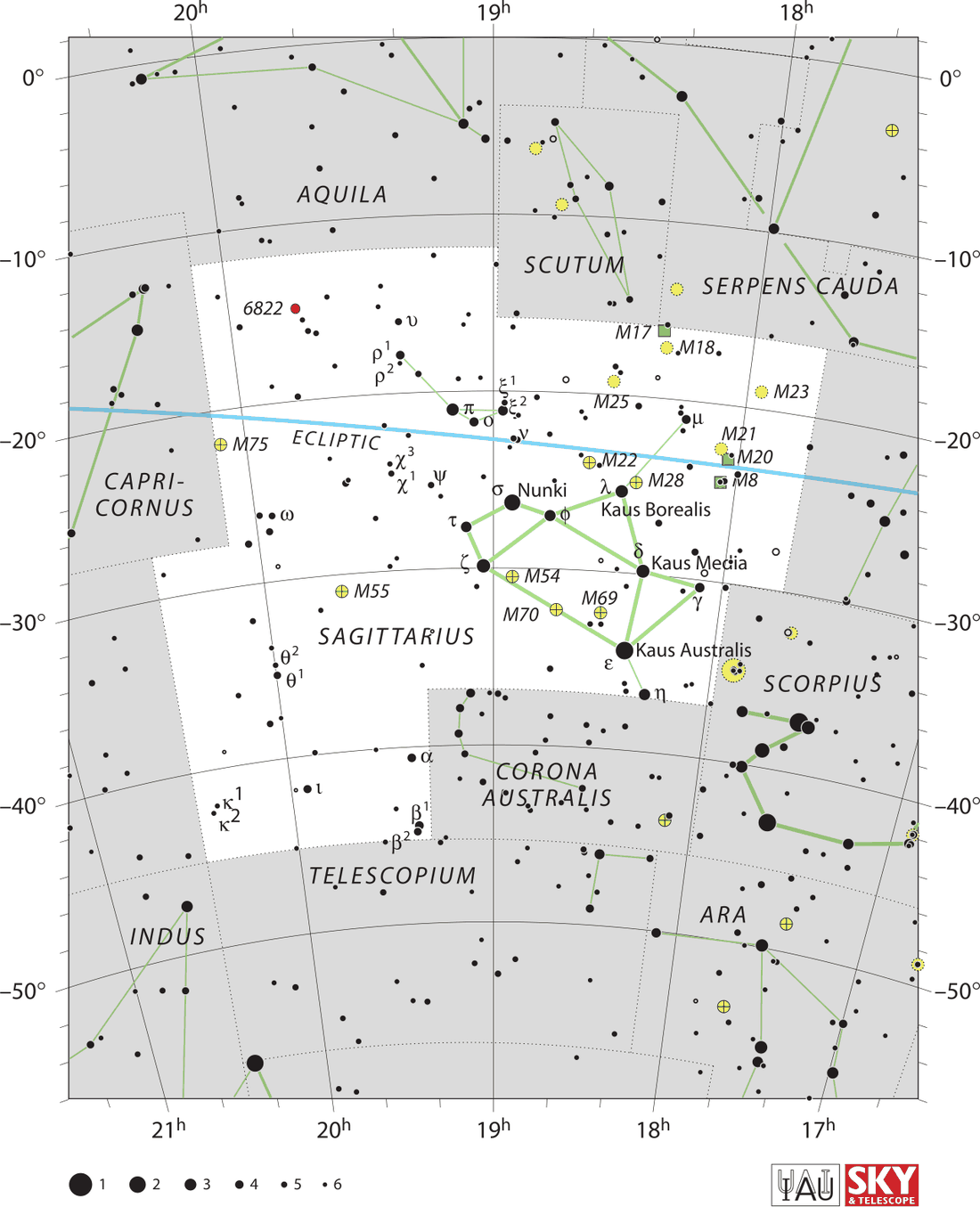 Carta celeste da constelação Sagittarius com estrelas, linhas de ligação e limites oficiais da IAU.