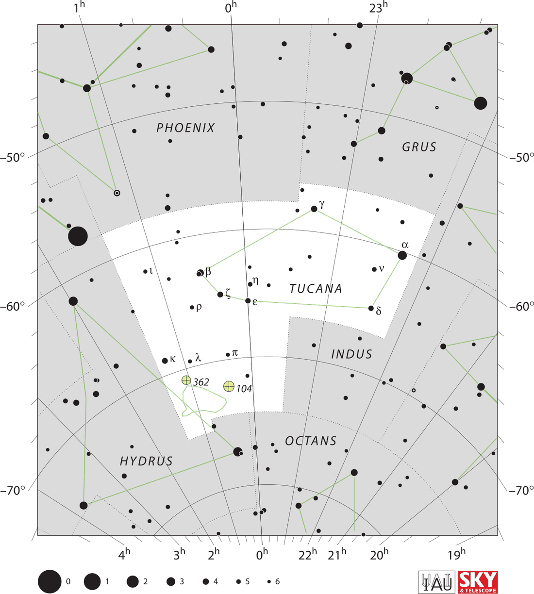 Carta celeste da constelação Tucana com estrelas, linhas de ligação e limites oficiais da IAU.
