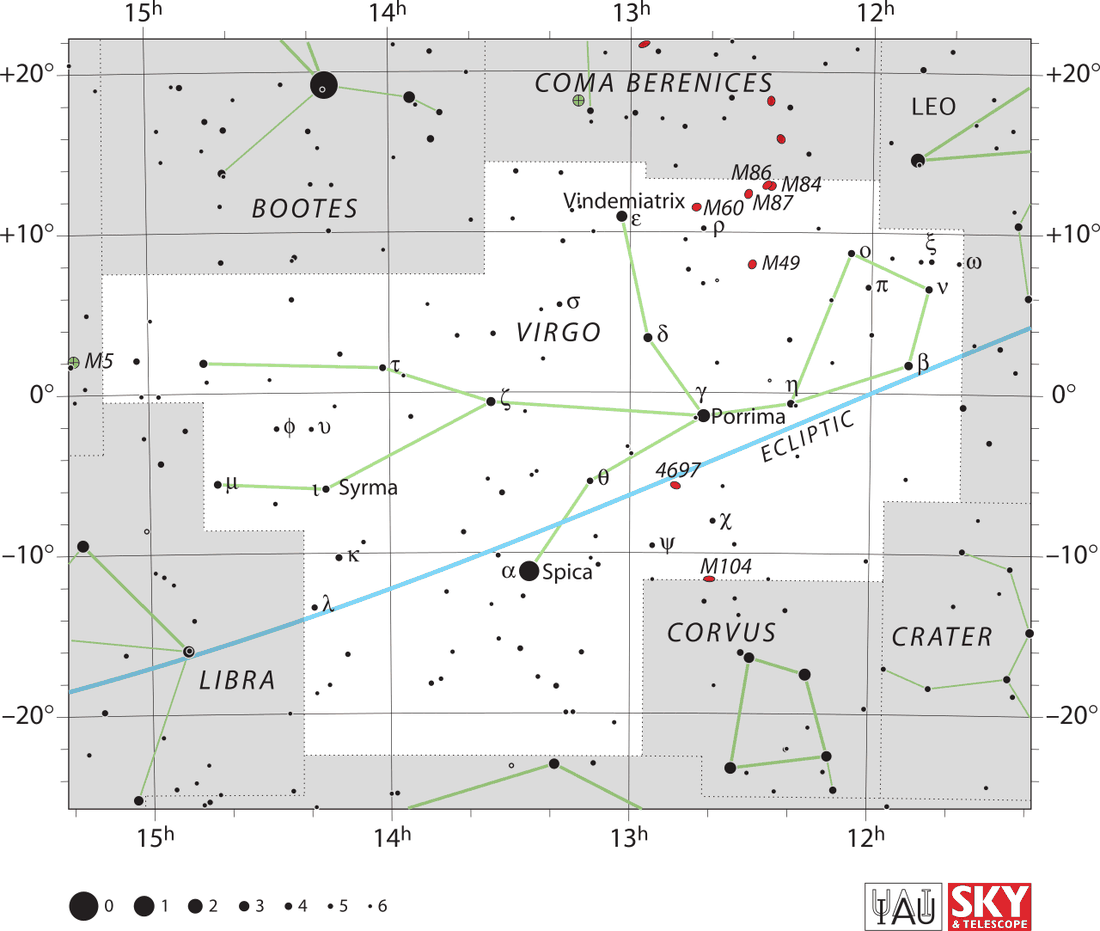Carta celeste da constelação Virgo com estrelas, linhas de ligação e limites oficiais da IAU.