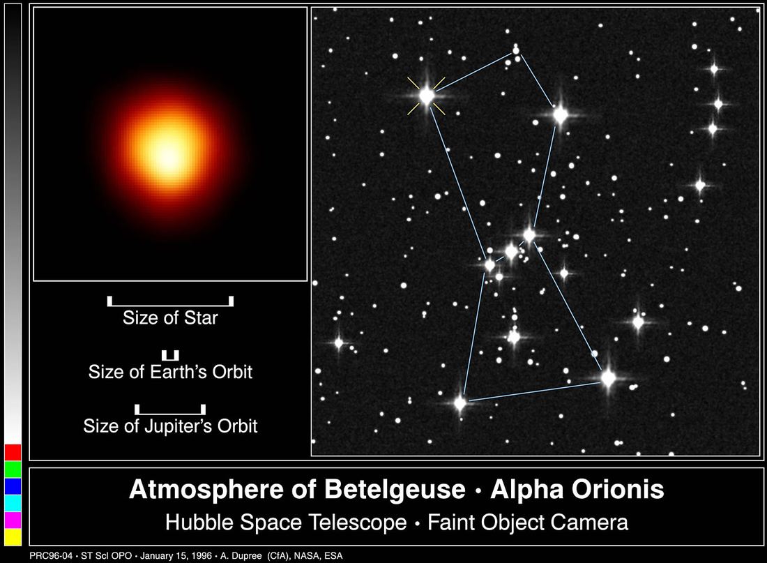 Disco alaranjado e difuso de uma estrela sobre fundo escuro, com uma região mais clara e brilhante perto do centro.